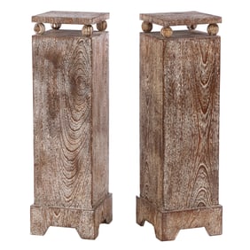 PAIR OF CERUSED OAK PEDESTALS WITH FOUR SPHERES SUPPORTING THE TOPS.