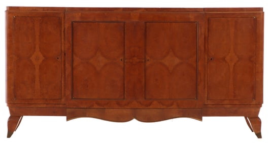 FRENCH ART DECO AMBOYNA WOOD FOUR DOOR SIDEBOARD C 1940 WITH BEAUTIFUL WOOD GRAIN IN THE MANNER OF