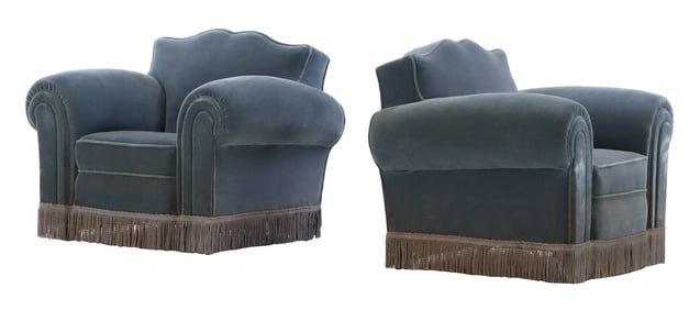LARGE PAIR OF FRENCH UPHOLSTERED ART DECO CLUB CHAIRS C 1940.