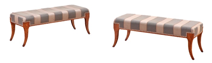 PAIR OF MODERN ART DECO STYLE UPHOLSTERED WINDOW BENCHES IN FIGURED ELM.