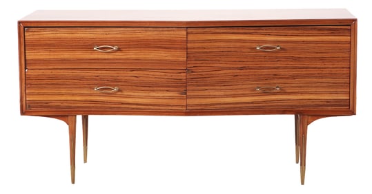 ONE OF A PAIR OF ROSEWOOD FOUR DRAWER DRESSERS HAVING BRONZE DETAILS C 1960.