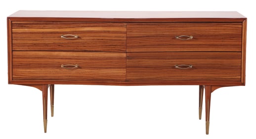 ONE OF A PAIR OF ROSEWOOD FOUR DRAWER DRESSERS HAVING BRONZE DETAILS C 1960.