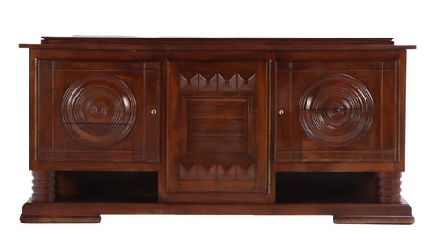 FRENCH MAHOGANY SIDEBOARD WITH CIRCULAR DESIGN IN THE MANNER OF CHARLES DUDOUYT C 1940.