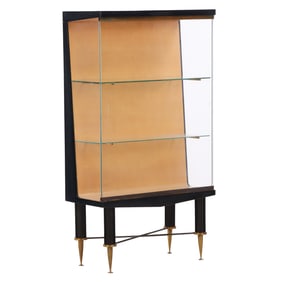 SYCAMORE AND PARTIAL EBONIZED DISPLAY CASE HAVING A SINGLE SLIDING GLASS DOOR AND TWO INTERIOR GLASS