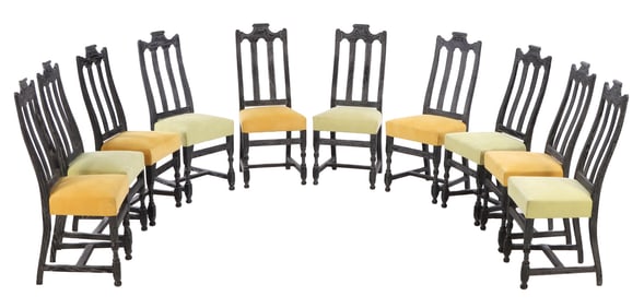 TEN DARK CERUSED OAK DINING CHAIRS IN THE MANNER OF JAMES MONT C 1960.