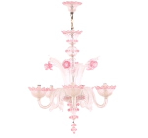 ITALIAN MURANO GLASS FIVE ARM CHANDELIER WITH PINK HIGHLIGHTS.