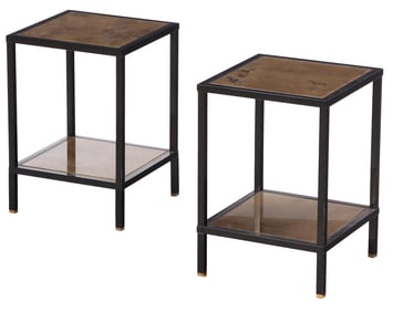 PAIR PAINTED METAL AND BRONZE FRENCH END TABLES HAVING GOLD GILT GLASS TOPS C 1960.