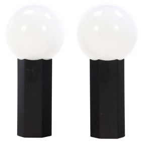 A PAIR OF MILK GLASS GLOBE TABLE LAMPS ON PAINTED WOOD HEXAGON PEDESTALS C 1960