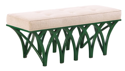 A GREEN WOOD AND UPHOLSTERED BENCH HAVING NEW FABRIC AND REPEATING DESIGN.