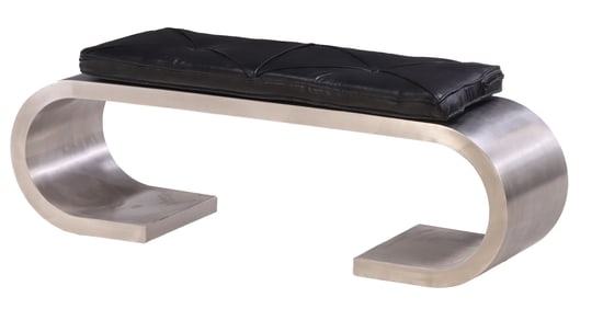 STAINLESS STEEL BENCH IN THE MANNER OF KARL SPRINGER WITH LEATHER CUSHION.