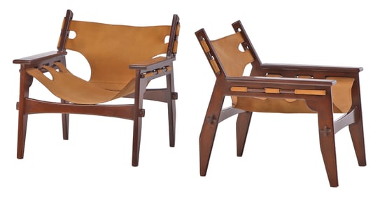 PAIR WOOD AND LEATHER SAFARI STYLE CHAIRS WITH MORTIS AND TENON CONSTRUCTION.