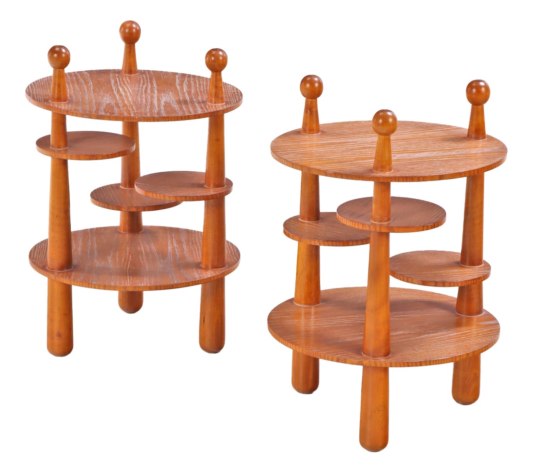 PAIR OF CERUSED OAK TABLES IN THE MANNER OF JEAN ROYERE WITH SWING OUT DISCS FOR DRINKS. (1 of 5)