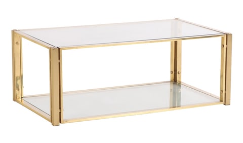 BRASS AND GLASS TWO TIER COFFEE TABLE C 1960 WITH BRONZE BOLT DECORATION.