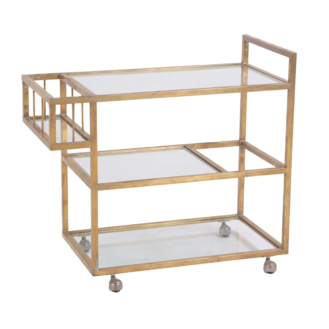 BRASS AND GLASS BAR CART WITH BOTTLE STORAGE C 1970. (1 of 6)