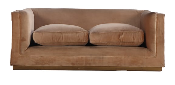ONE OF A PAIR OF UPHOLSTERED SOFAS BRASS TRIM C 1960.