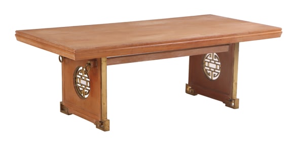 MAHOGANY AND BRONZE DINING TABLE IN THE MANNER OF JAMES MONT C 1950.
