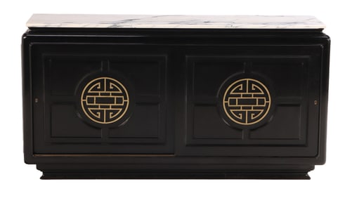 EBONIZED MARBLE TOP BRONZE MOUNTED SIDEBOARD C 1950 HAVING TWO SLIDING DOORS IN THE MANNER OF