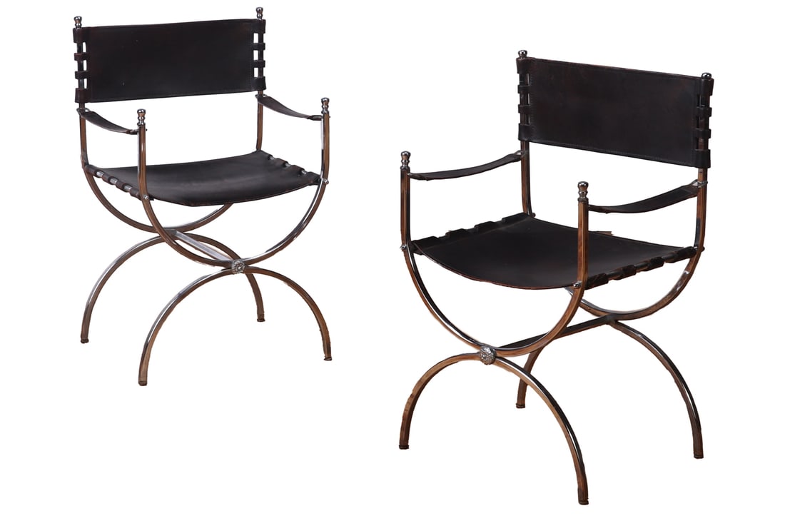 PAIR FRENCH CHROME PLATED AND LEATHER DIRECTOR'S STYLE OPEN ARMCHAIRS C 1970. (1 of 10)