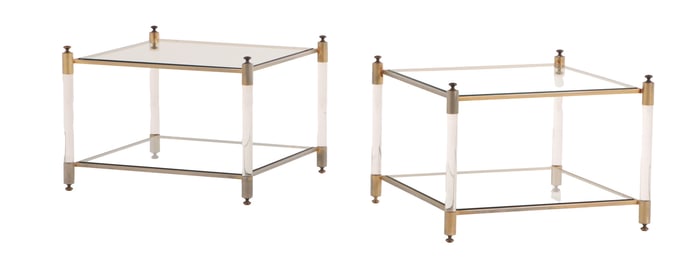PAIR FRENCH LUCITE, GLASS AND METAL END TABLES C 1970.