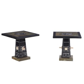 A PAIR OF AZTEC STYLE FIGURAL SIDE TABLES COMPRISED OF MIXED STONES AND MARBLES.