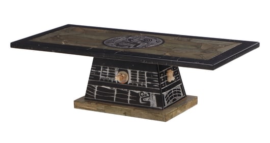 A LARGE AZTEC STYLE COFFEE FIGURAL TABLE COMPRISED OF MIXED STONES AND MARBLES.