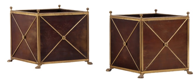 TWO BRASS PLANTERS IN THE MANNER OF JANSEN C 1950 HAVING COPPER INSERTS.