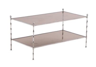 UNUSUAL NICKELED BRONZE FAUX BAMBOO COFFEE TABLE ATTRIBUTED TO BAGUES HAVING TWO TIERS OF SMOKED