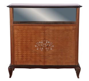 FRENCH BAR CABINET WITH MIRRORED UPPER CABINET AND SLIDING GLASS DOORS OVER TWO DOORS INLAID WITH