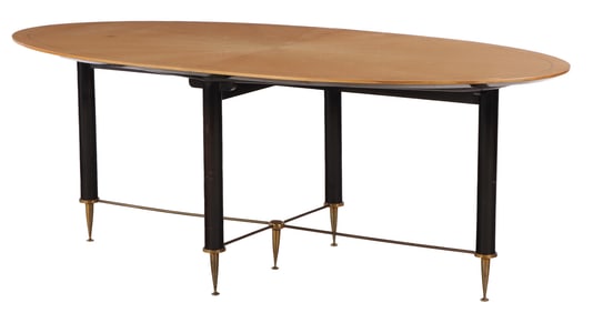 EXCELLENT OVAL DINING TABLE HAVING A RADIAL SYCAMORE TOP RESTING ON AN EBONIZED AND BRONZE