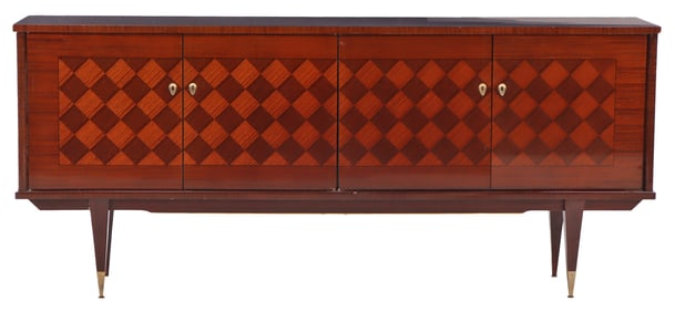FRENCH MAHOGANY DIAMOND PATTERN FOUR DOOR SIDEBOARD C 1960.