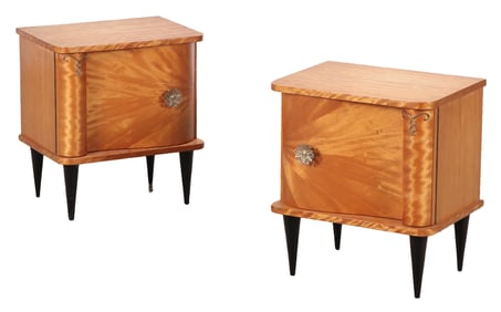 PAIR FRENCH ART DECO STYLE FLAME BIRCH NIGHT STANDS RESTING ON TAPERED EBONIZED FEET C 1940.