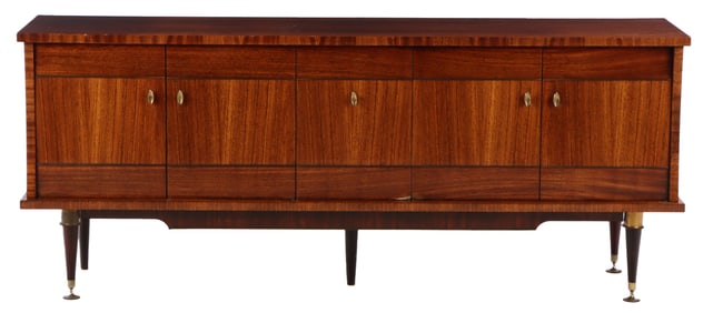 FRENCH MAHOGANY FIVE DOOR SIDEBAORD WITH CENTRAL BAR COMPARTMENT AND VIBRANT WOOD GRAIN C 1955.