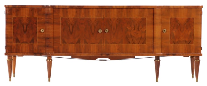 FRENCH FIGURED AND BURL WALNUT FOUR DOOR SIDEBAORD WITH SYCAMORE INTERIOR C 1960.