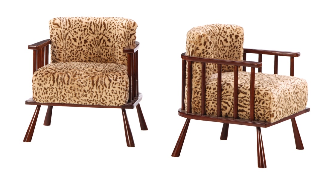 PAIR OF OPEN ARM CHAIRS HAVING SPINDLED ARMS AND TAPERED LEGS IN THE MANNER OF JEAN ROYERE.: Pair of open arm chairs having spindled arms and tapered legs in the manner of Jean Royere. Ht: 29.5" Wd: 27" Dpth: 27" Seat: 18"