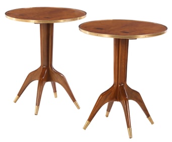PAIR OF ROCKET SHIP END TABLES HAVINING BURLWOOD TOPS AND MAHOGANY BASES,