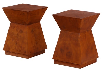 PAIR BURL WALNUT DRINKS TABLES OF ARCHITECTURAL FORM.