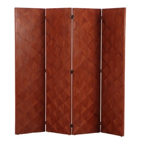 FOUR PANEL MAHOGANY FOLDING SCREEN DONE IN STRAW MARQUETRY VENEER IN THE MANNER OF JEAN-MICHEL
