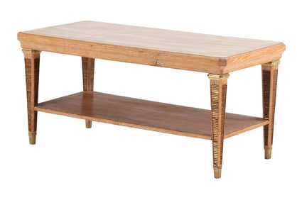 FRENCH CERUSED OAK COFFEE TABLE HAVING A PARCHMENT TOP AND BRONZE MOUNTS C 1940.