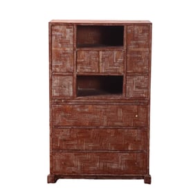 FRENCH CERUSED MAHOGANY CHEST HAVING SIX UPPDOORS, A PULL OUT SLIDE AND THREE LOWER DRAWERS C 1940.