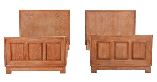 PAIR FRENCH CERUSED OAK TWIN BEDS C 1940 HAVING PANELED FOOT BOARDS.