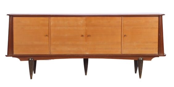 UNUSUAL OAK AND MAHOGANY SIDEBOARD IN THE MANNER OF ANDRE ARBUS C 1950 HAVING A SYCAMORE INTERIOR.