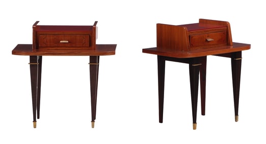 PAIR ROSEWOOD AND EBONIZED WOOD FRENCH NIGHTSTANDS HAVING A SINGLE DRAWER C 1950.