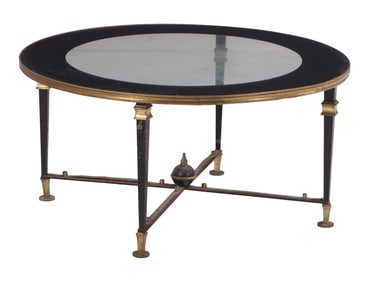 FRENCH PAINTED AND GILT IRON COFFEE TABLE C 1950 IN THE MANNER OF GILBERT POILLERAT WITH GLASS TOP