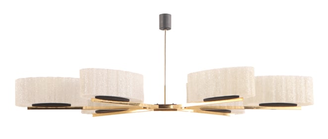 FRENCH SIX LIGHT BRASS, IRON AND GLASS CHANDELIER C 1955 BY ARLUS.