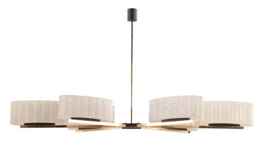 FRENCH SIX LIGHT BRASS, IRON AND GLASS CHANDELIER C 1955 BY ARLUS.