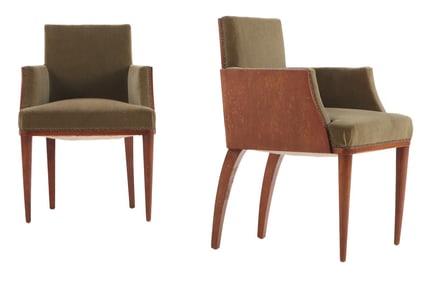 PAIR OF FRENCH MAHOGANY UPHOLSTERED CHAIRS IN THE MANNER OF RUHLMANN C 1940.
