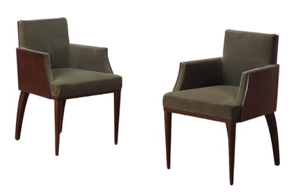 PAIR OF FRENCH MAHOGANY UPHOLSTERED CHAIRS IN THE MANNER OF RUHLMANN C 1940.