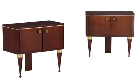 PAIR FRENCH RIBBON MAHOGANY METAL MOUNTED NIGHT STANDS C 1950.