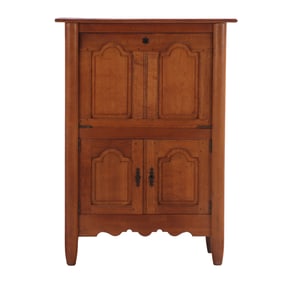 FRENCH OAK BAR CABINET HAVING A FALL FRONT DOOR COVERED IN RED LAMINATE AND THE INTERIOR LINED
