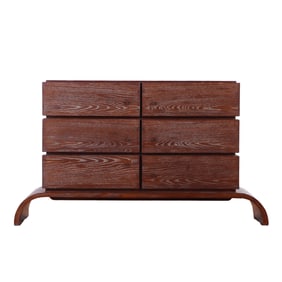 CERUSED OAK DRESSER HAVING SIX DRAWERS AND RESTING ON A CURVED BASE C 1950.